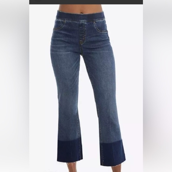 SPANX Medium Wash Raw Hem Cropped Flare Jeans - Picture 2 of 9
